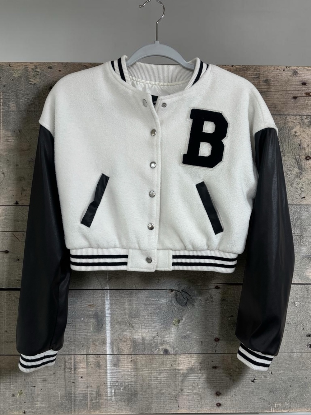 Women’s Cropped Black & White Varsity Letterman Jacket